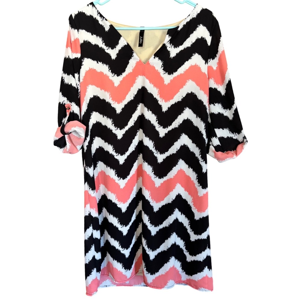 Julia‎ Womens Large Chevron V-Neck Shift Dress 3/4 Roll Tab Sleeve